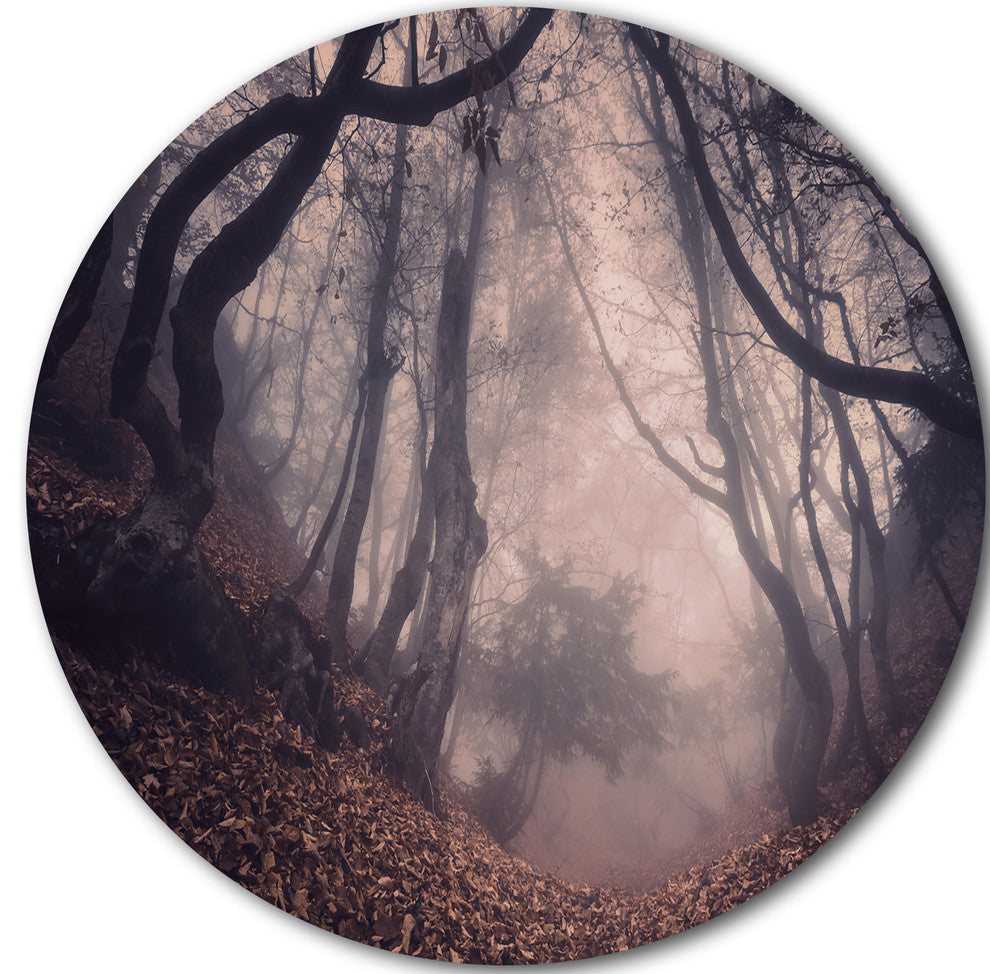 Vintage Foggy Forest Trees, Landscape Photo Round Wall Art, 23"