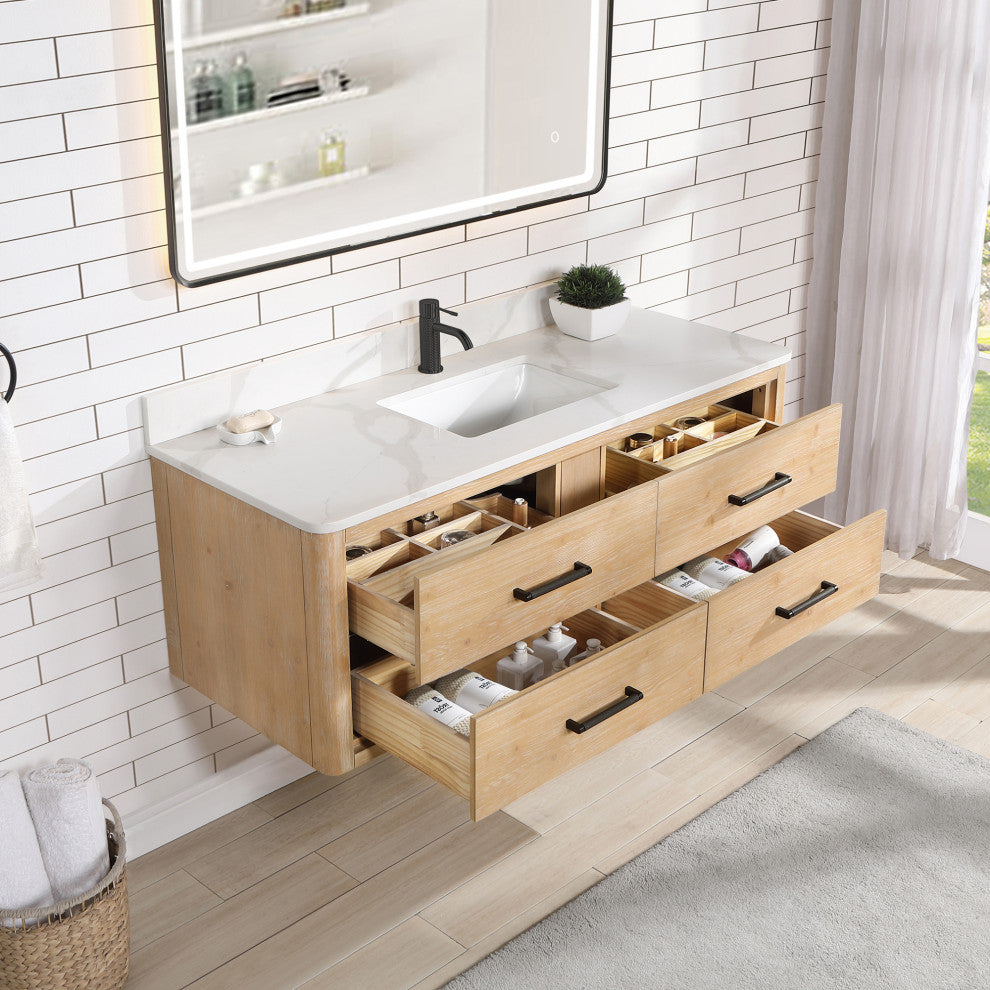 Cristo Floating Bath Vanity With Stone Top, Fir Wood Brown, 55in., No Mirror