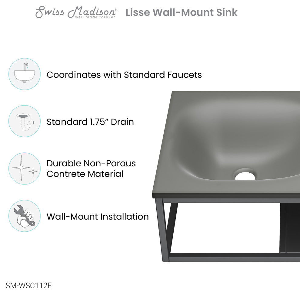Lisse 24" Rectangle Concrete Wall-Mount Bathroom Sink, Dark Gray
