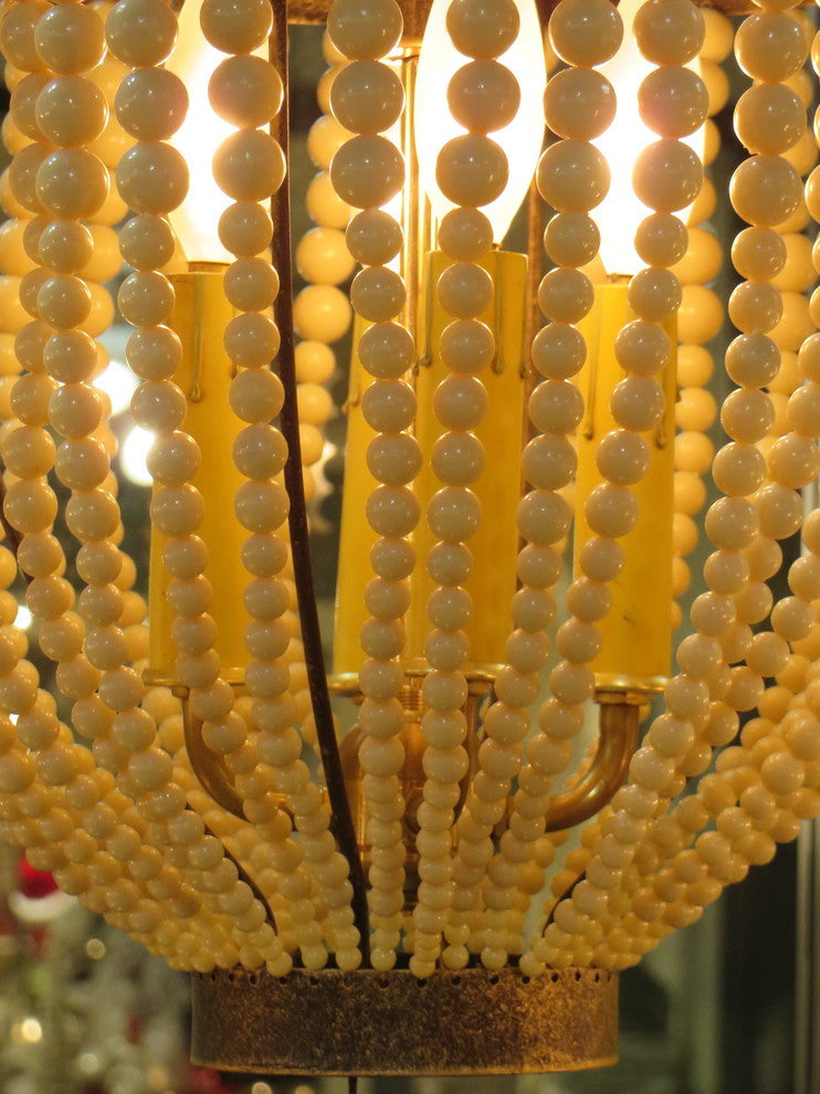 20" Iron Cream Beaded Pendant Chandelier, Romantic Pearl 4-Light Antique