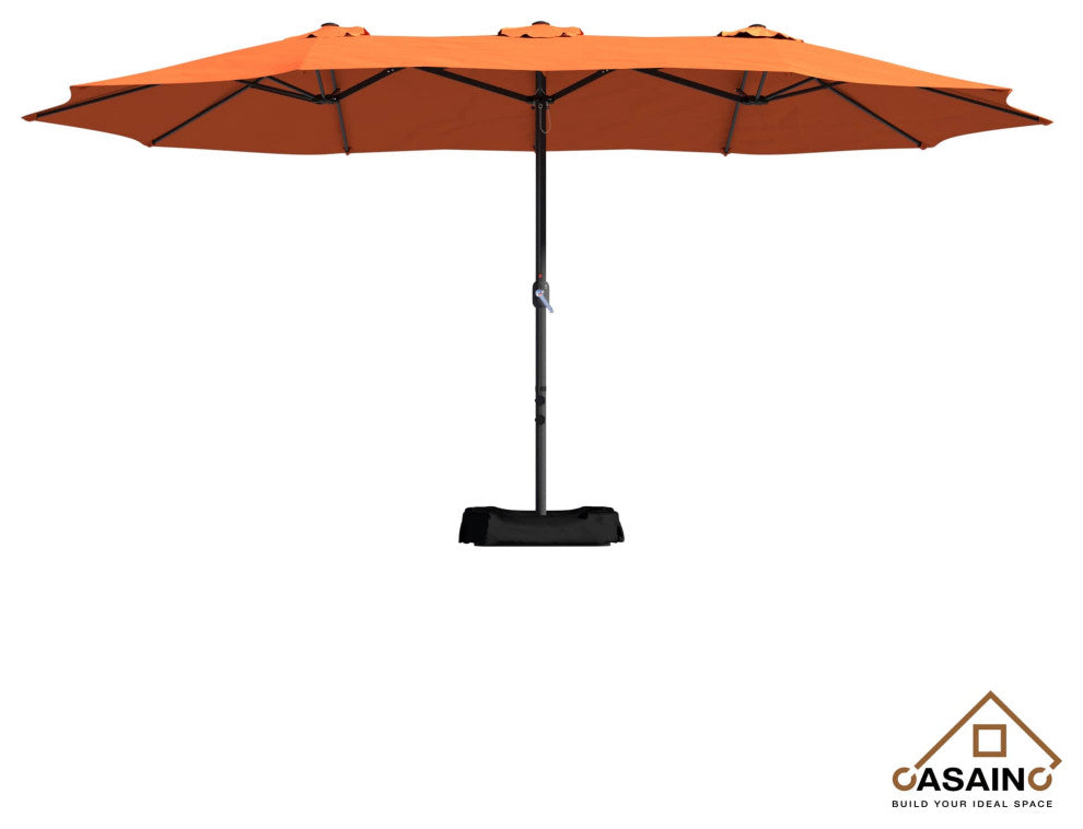 Orange 15ft solar energy LED patio umbrella with crank and base