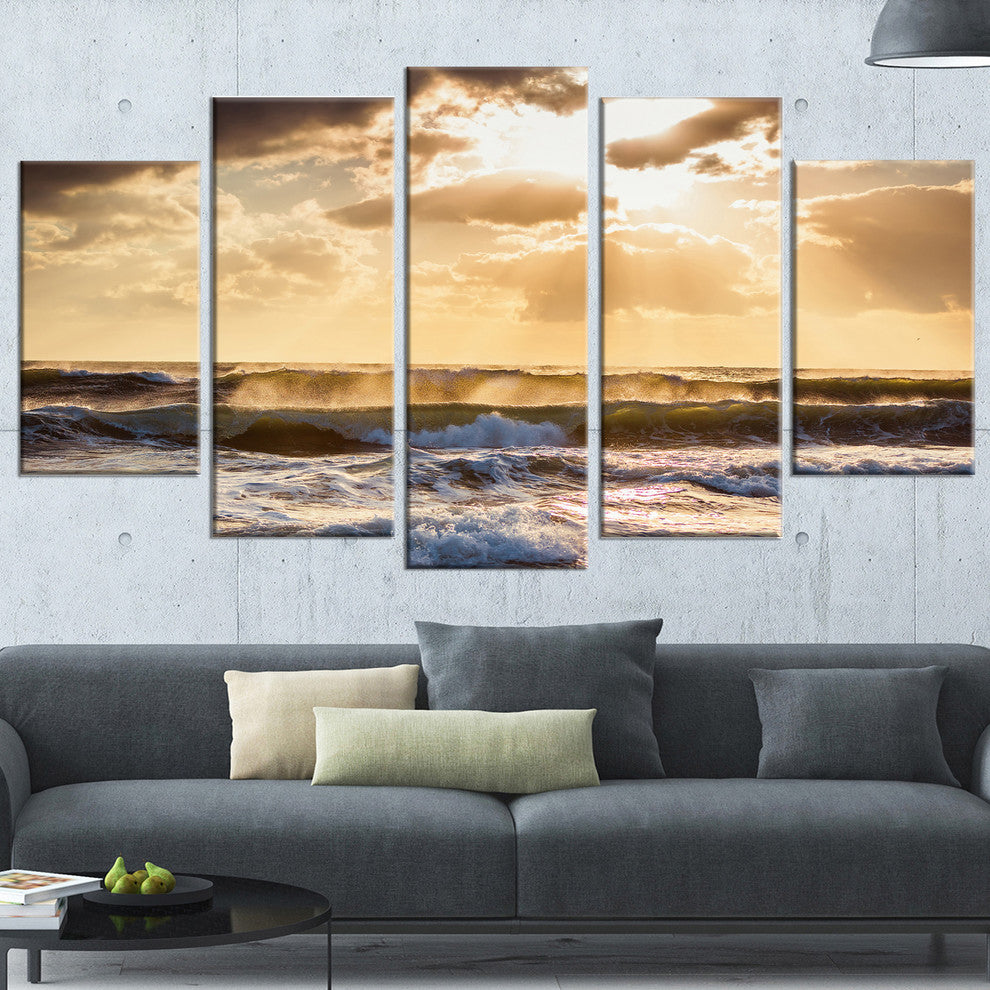 "Sunrise and Roaring Blue Sea Waves" Beach Canvas Wall Art, 5 Panels, 60"x32"