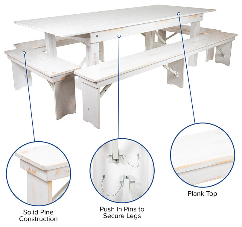 HERCULES Series 8' x 40'' Folding Farm Table and Four Bench Set, Antique White