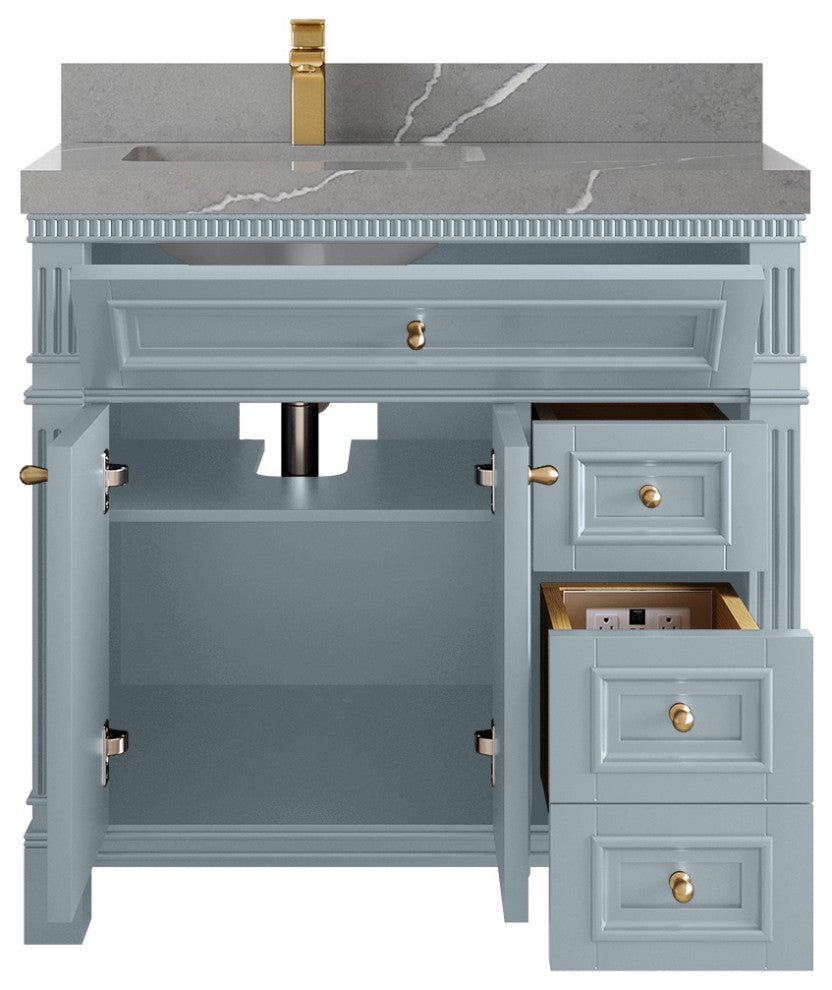 Paris 36" Left Offset Bathroom Vanity, Blue Heather 2" Piatra Gray