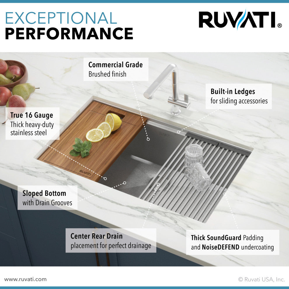 Ruvati 28" Workstation Undermount Stainless Steel Kitchen Sink, RVH8309