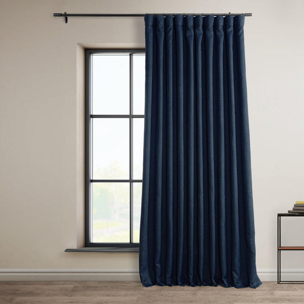 Faux Linen Extra Wide Room Darkening Curtain Single Panel, Indigo, 100"x120"