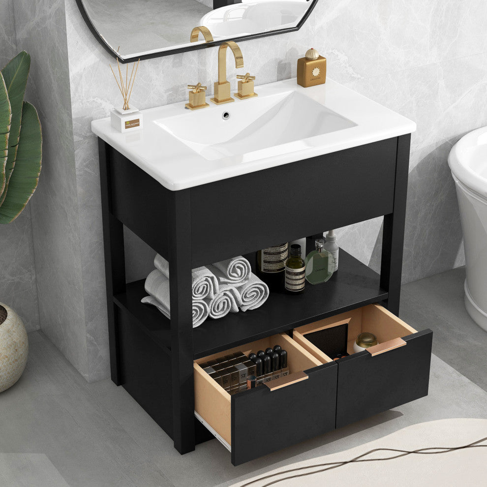 GDF Studio 30"W Vanity With Ceramic Sink, Open Shelf & Two Drawers, Black