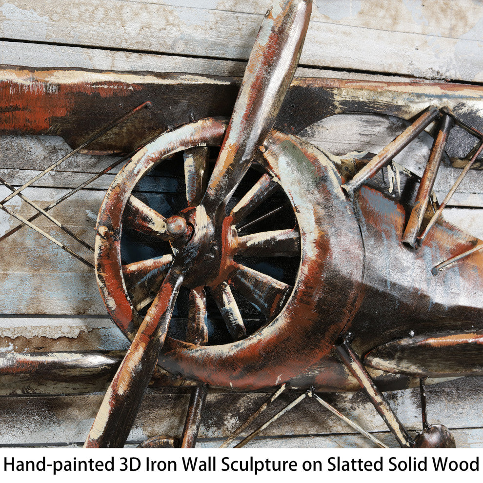 "Model Airplane" Metallic Handed Painted Rugged Wooden Blocks Wall Art
