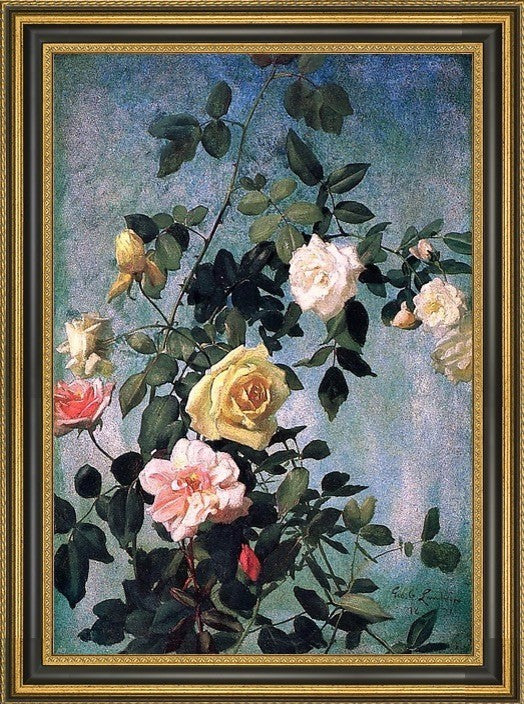 George Cochran Lambdin Pink, Yellow and White Roses Framed Canvas Print, 16"x24"