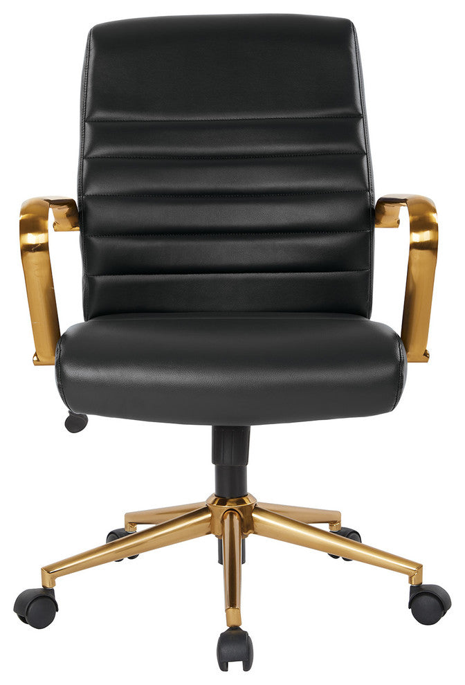 Mid-Back Faux Leather Chair With Gold Arms and Base, Black