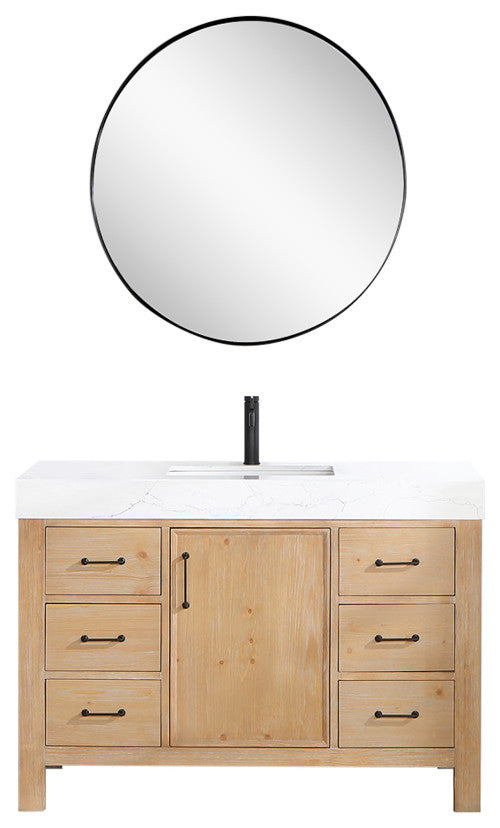 Leon Bath Vanity With Composite Stone Top, Fir Wood Brown, 48", With Mirror