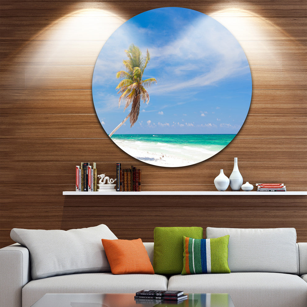 Solitary Coconut Palm At Beach, Seashore Photo Disc Metal Wall Art, 36"