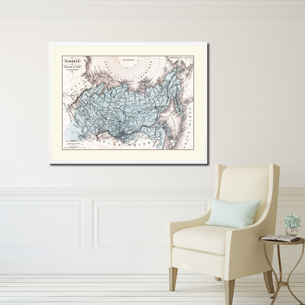 Siberia Russia Old Map Print On Canvas With Frame Art Collection 16" X 21"