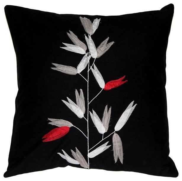 Pillow Decor - Floral Applique Black Cotton Throw Pillow 16x16