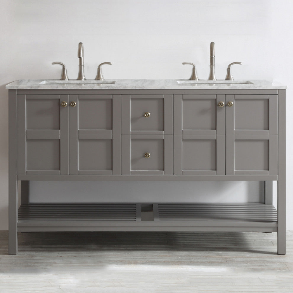 60" Double Vanity in Grey with Carrara White Marble Countertop Without Mirror