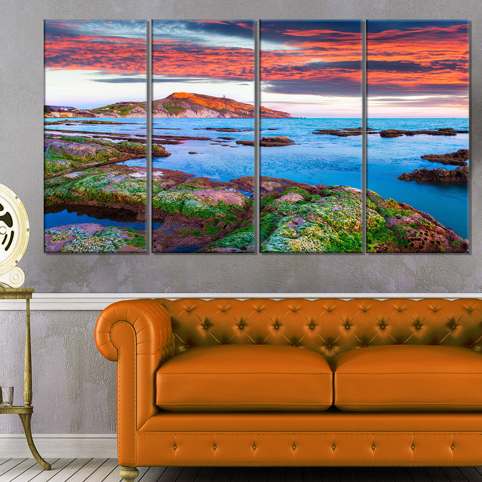 "Colorful Giollonardo Beach Sunset" Modern Seashore Wall Art, 4 Panels, 48"x28"