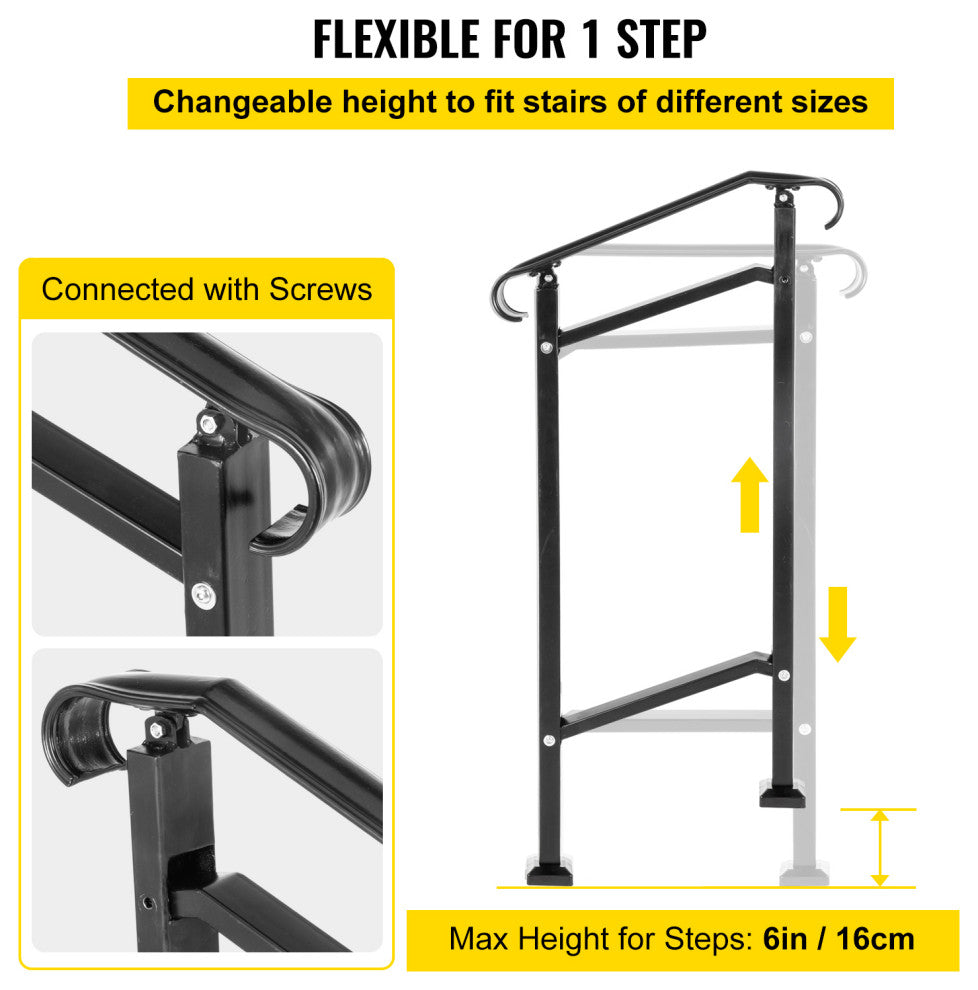 Wrought Iron Handrail Fit 1 or 2 Steps Outdoor Stair Railing