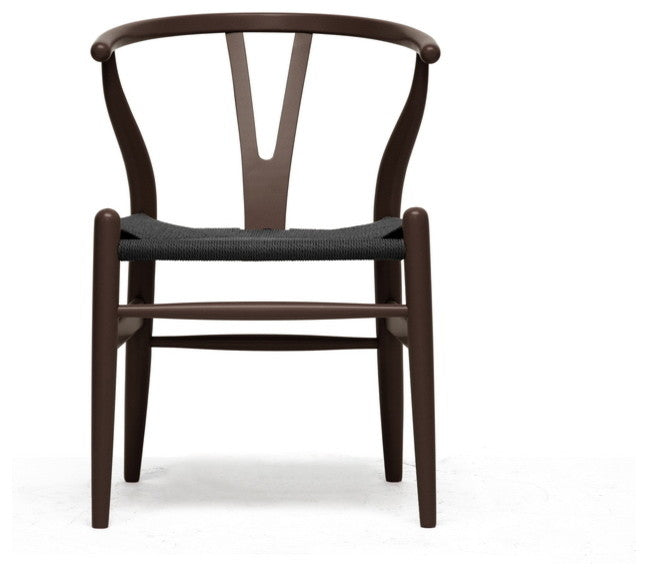 Mid-Century Wishbone Chair-Brown Wood Y Chair With Black Seat, Set of 2