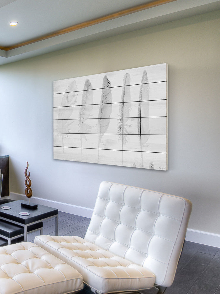 "Five White Feathers" Wall Art on Wood, 60"x40"