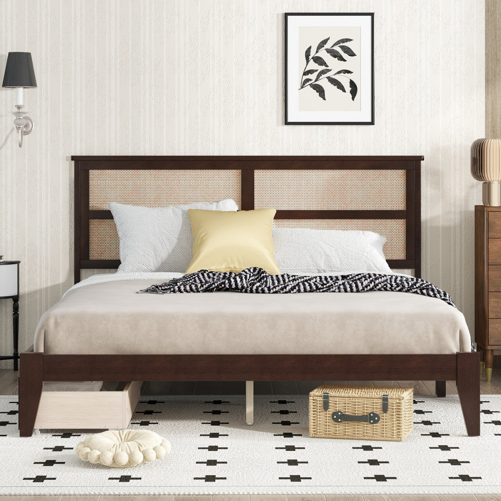 GDF Studio King Size Platform Bed, Rattan Headboard & Storage Drawers, Espresso