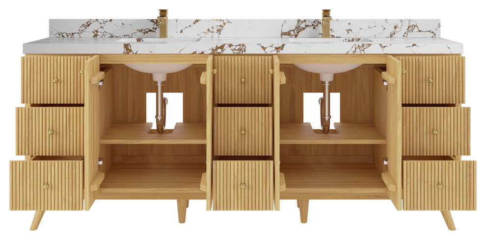 Pasadena 84 Double Sink Bath Vanity in Light Natural Teak 2" Viola Brown
