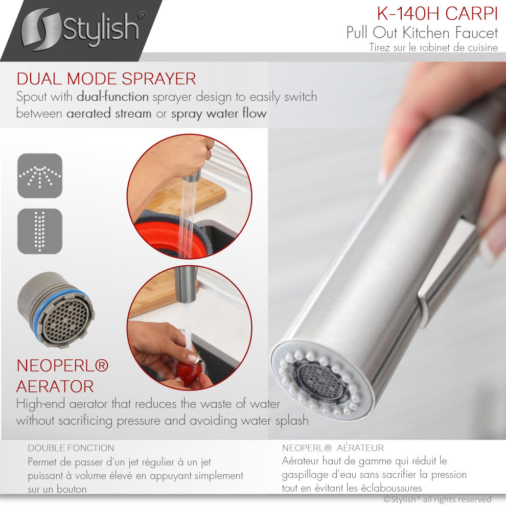 STYLISH Stainless Steel Single Handle Pull Out Dual Mode Kitchen Faucet, White