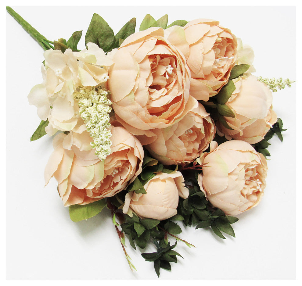 Artificial Blush Peach Mixed Peony Hydrangea Flower Stem Bush Bouquet 19"