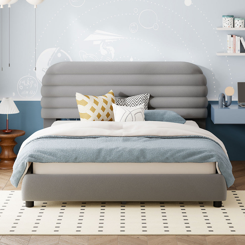 GDF Studio Queen Size Upholstered Velvet Curved Platform Bed, Gray