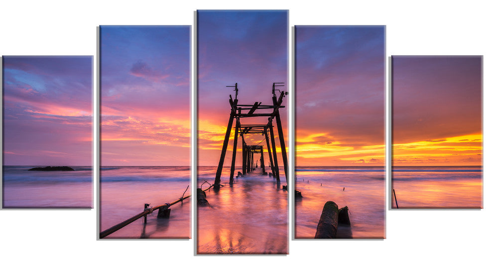 "Broken Wooden Bridge At Sunset" Sea Pier and Bridge Wall Art, 5 Panels, 60"x32"