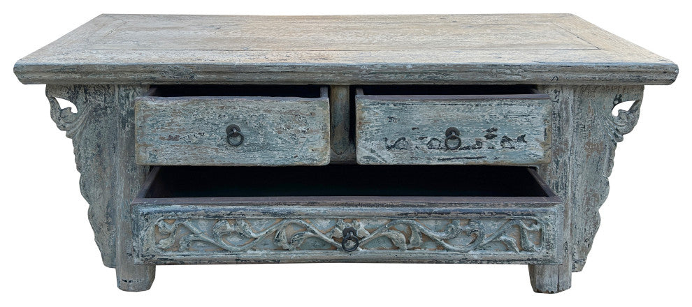 Chinese Vintage Rustic Washed White Blue Low Kang Table Display Stand Hws4343