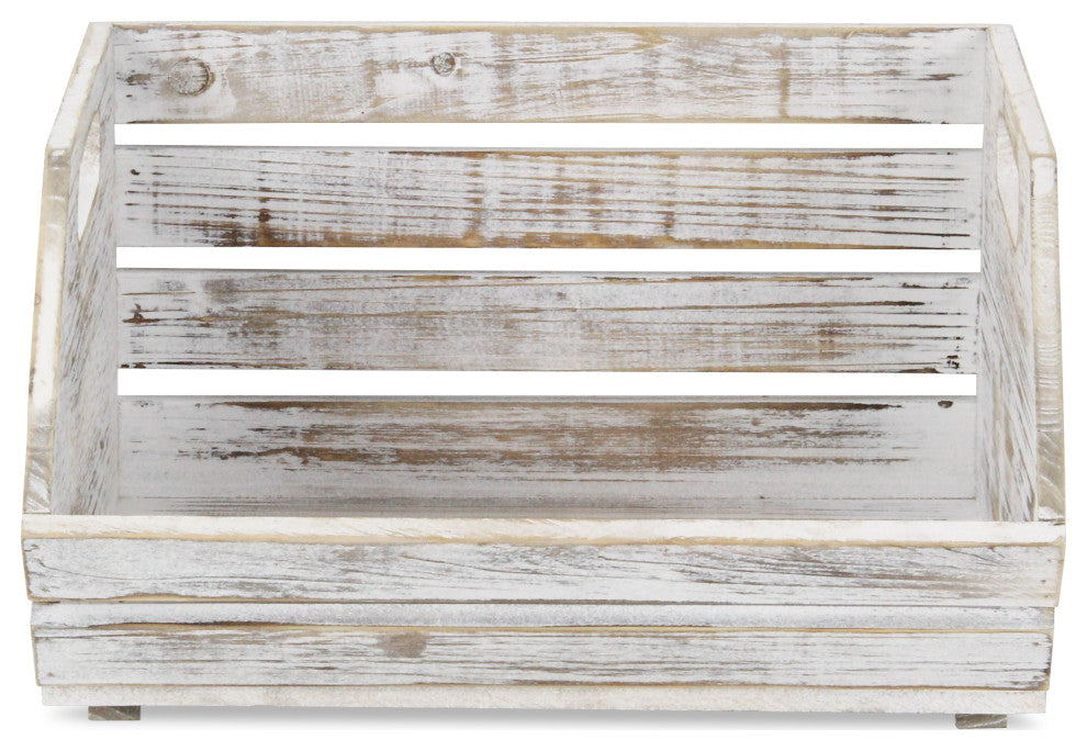 Wood Slat Stackable Storage With Side Handles, Gray Wash