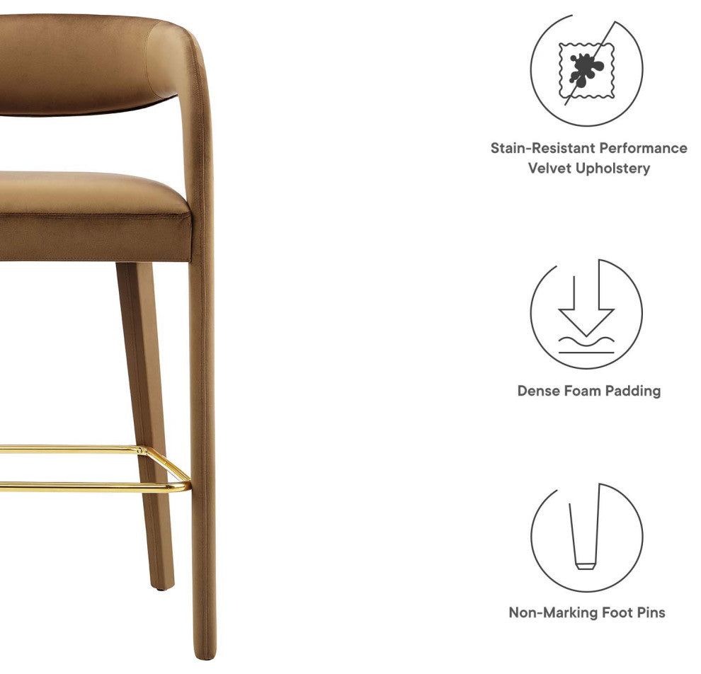 Pinnacle Performance Velvet Bar Stool Set of 2, Brown Gold