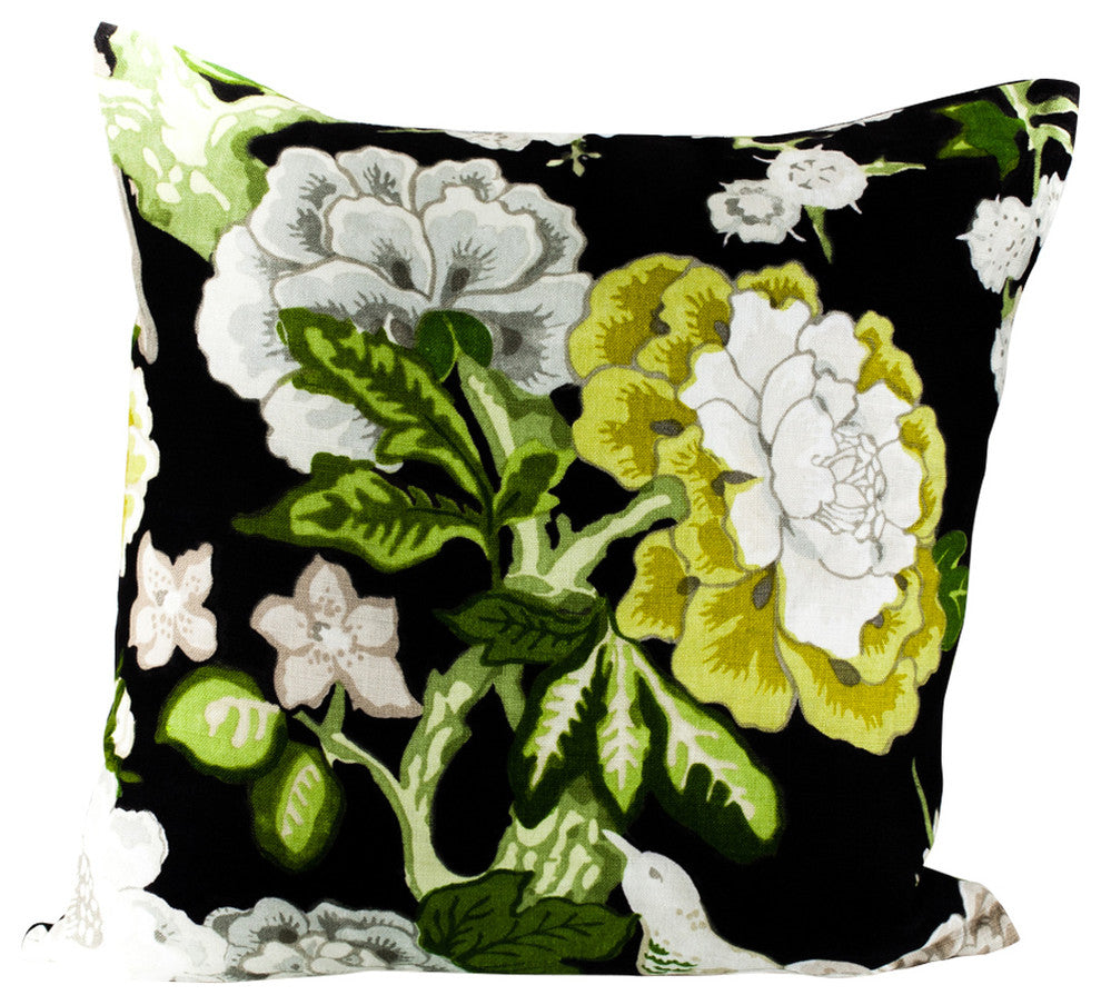 Schumacher Designer Pillow Cover Floral On Black, 24x24