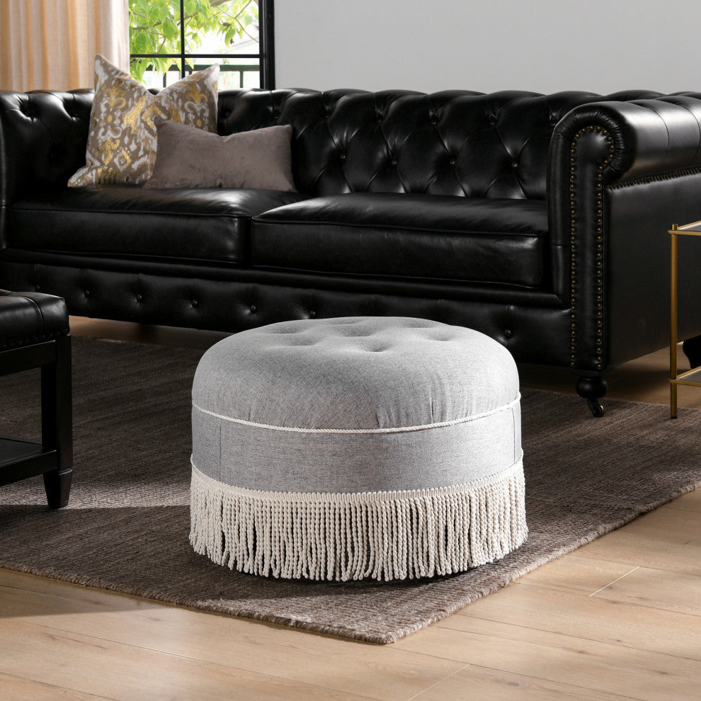 Yolanda 24" Upholstered Round Accent Ottoman, Light Gray Polyester
