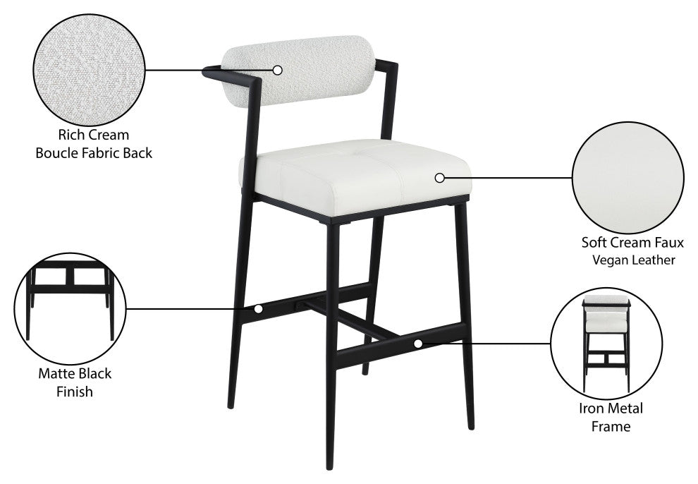 Stryker Boucle Fabric and Faux Leather Stool, Set of 2, Cream