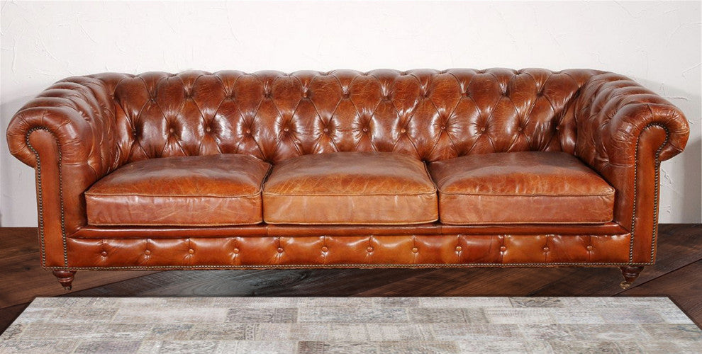 Paris Club Top Grain Leather Chesterfield Tufted Sofa, Brown