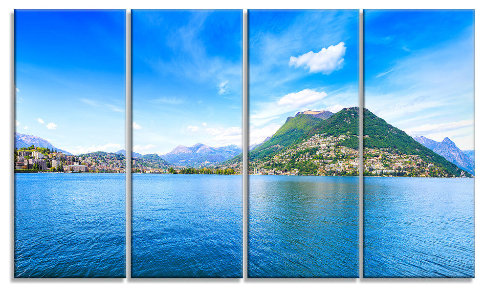 "Lugano Lake Ticino Panorama" Seashore Canvas Art, 4 Panels, 48"x28"