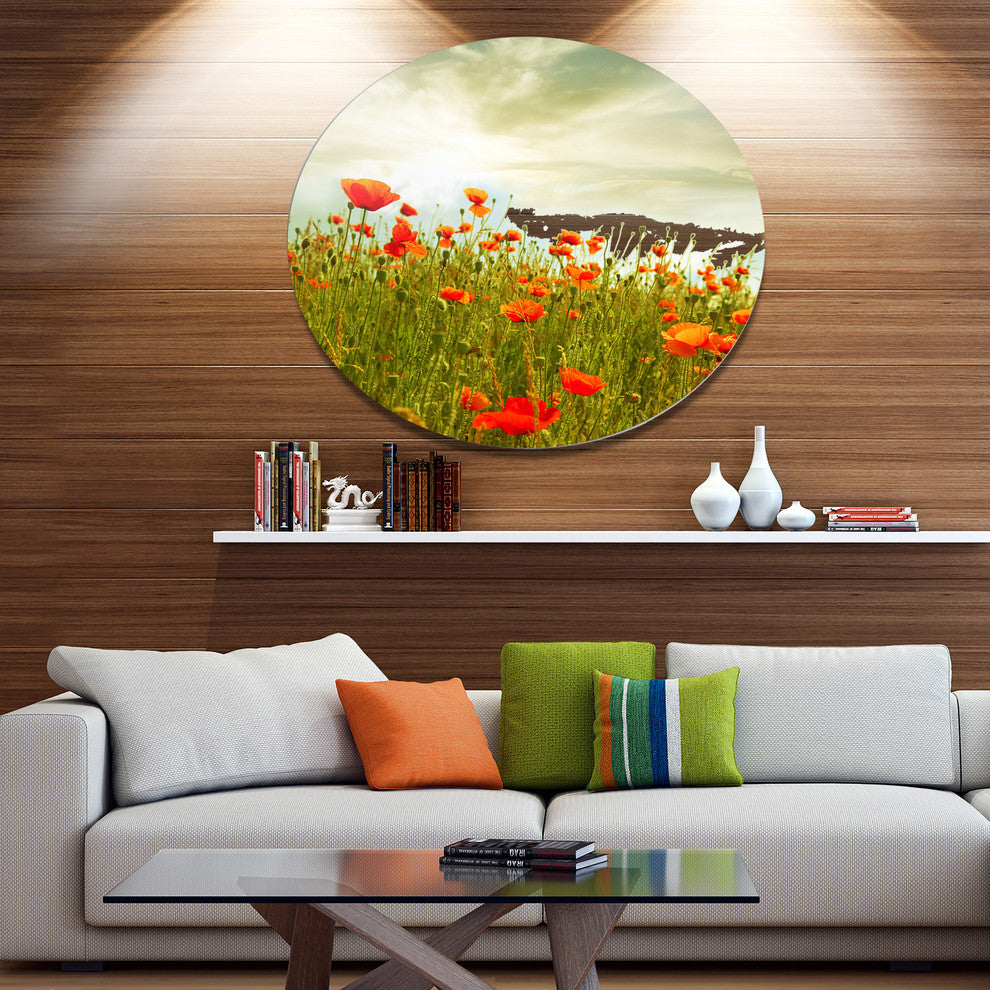 Red Poppy Flowers In Green Field, Floral Large Disc Metal Wall Art, 36"