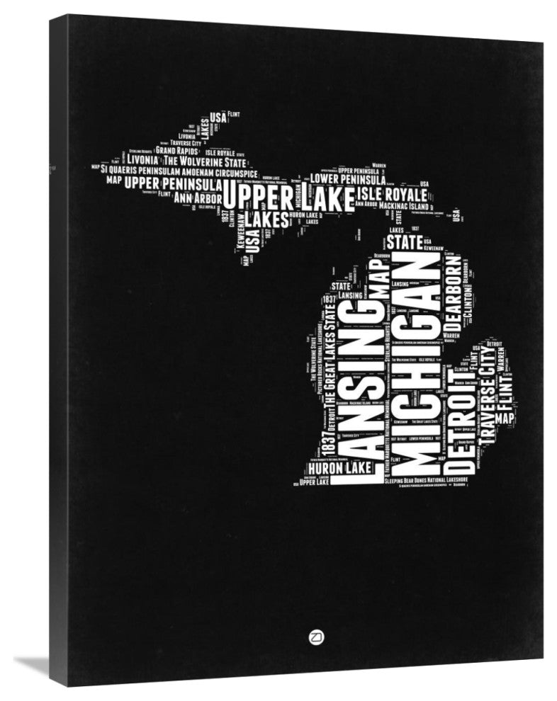 "Michigan Black and White Map" Fine Art Print