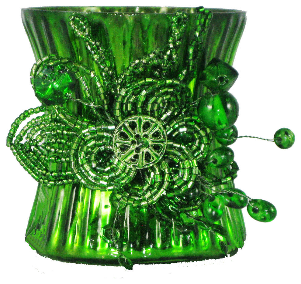 Mercury Glass Beaded Emerald Green Votive Holder