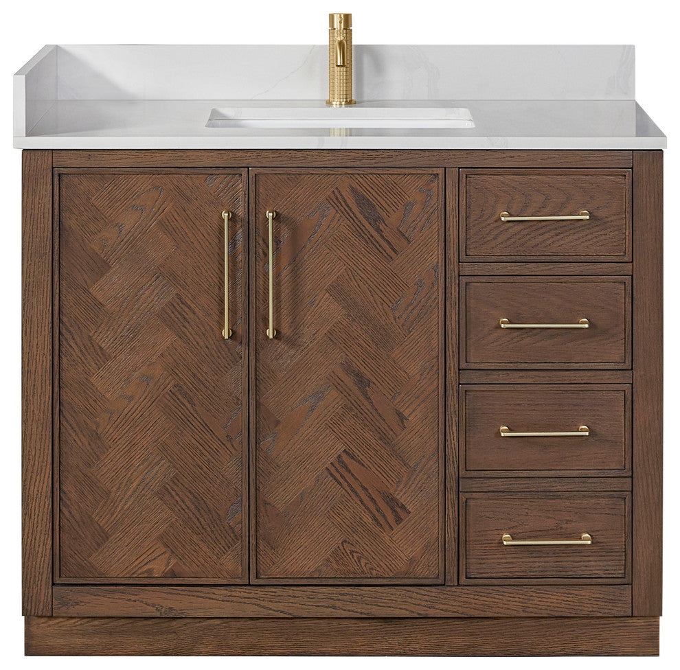 Jakarta Bath Vanity, Quartz Top No Mirror, Dark Brown Oak, 42", Single Vanity