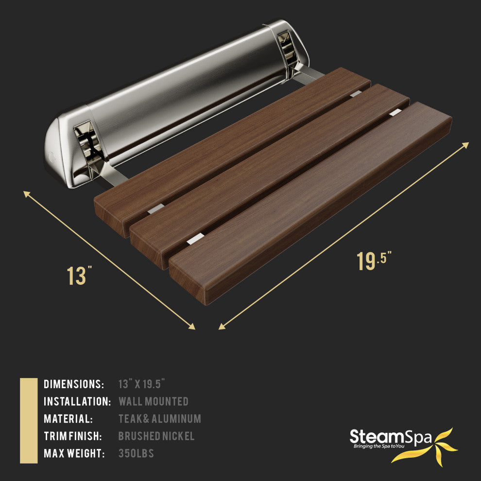 SteamSpa Teak Wall-mounted Folding Shower Seat in Brushed Nickel Trim 20 in.