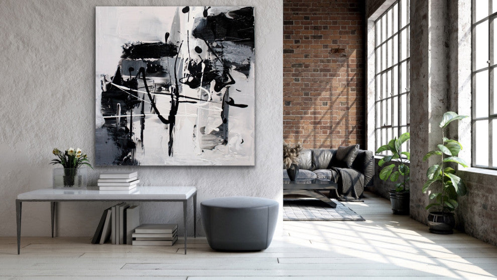 48x48" Crazy Black and White Contemporary Art Large Modern Abstract Painting