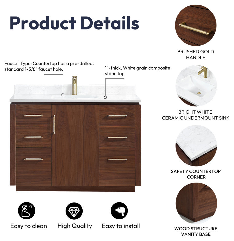 San Bath Vanity with Stone Top, Natural Walnut, 48", Single Vanity, With Mirror