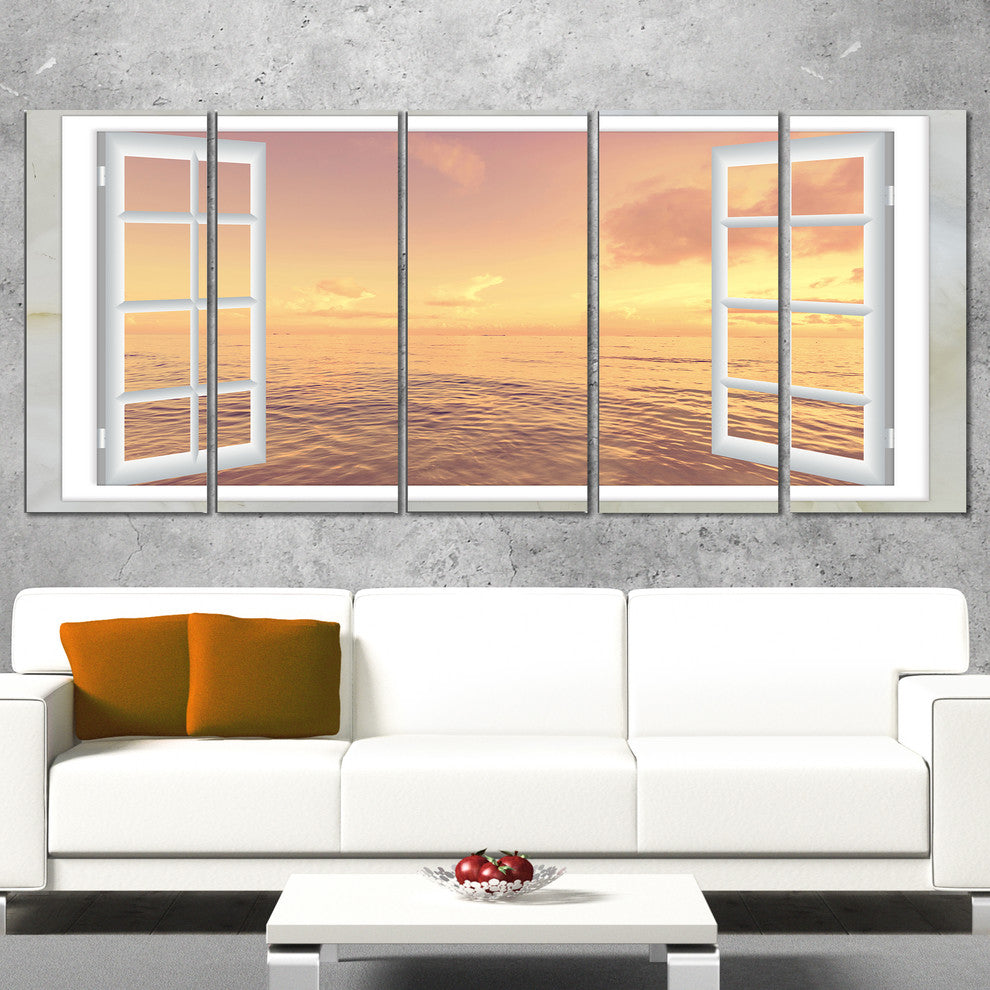 "Open Window To Brown Seashore" Seashore Wall Art, 5 Panels, 60"x28"