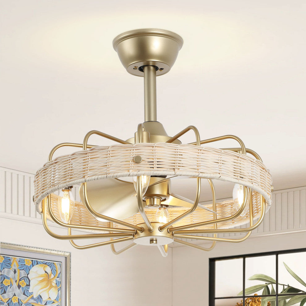 GetLedel 18" Rattan Ceiling Fan With Remote and Light, Gold/Beige
