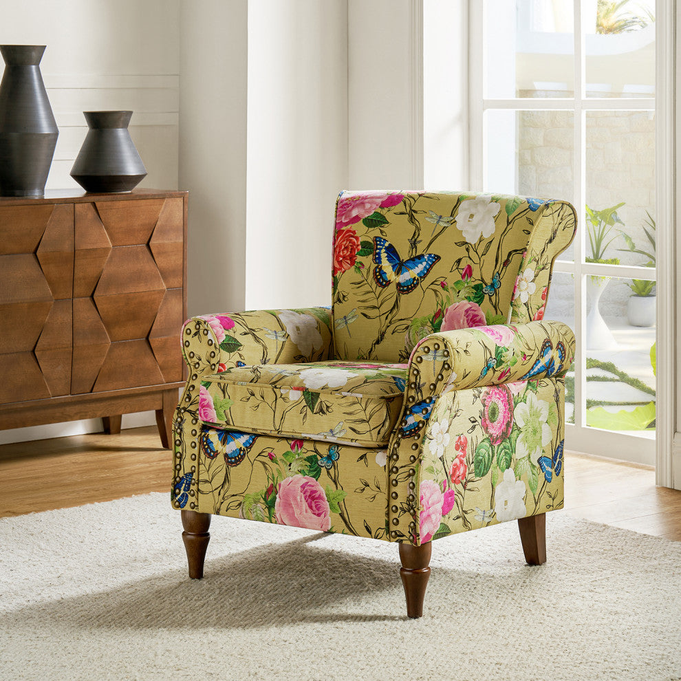 Wooden Upholstered Armchair, Mustard