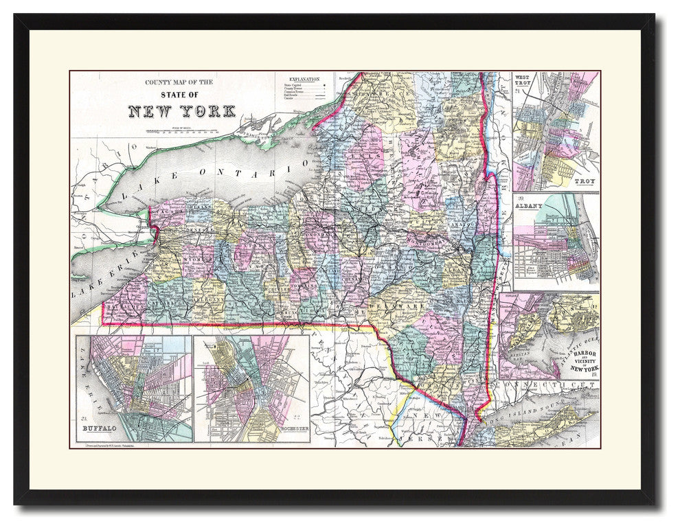 New York Vintage Antique Map Wall Art, 28"x37"