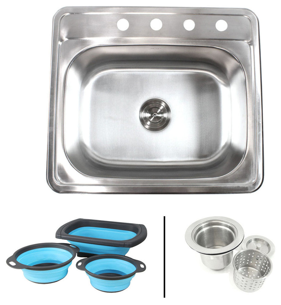 25" Topmount Drop-In Stainless Steel Kitchen Sink With Silicone Colander