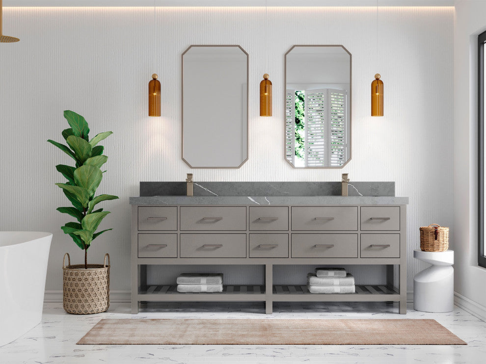 Parker 84 Double Sink Bathroom Vanity Elephant Skin Gray 2" Piatra Gray Quartz